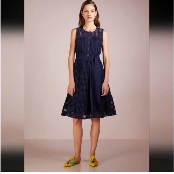 J.Crew Navy Blue Henley Embroidered Eyelet Midi Tea Dress SZ 6 - Picture 1 of 10
